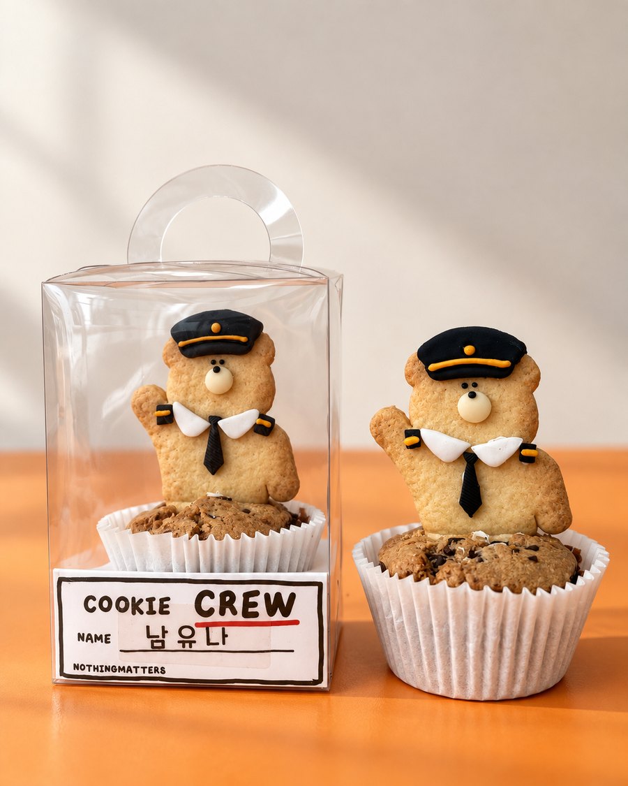 패키지와 함께 놓인 기장 COOKIE CREW