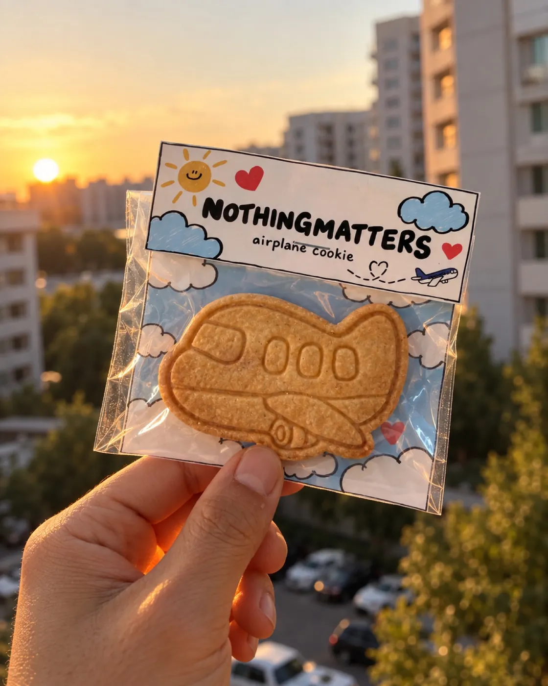 노을 배경의 NOTHINGMATTERS 비행기 쿠키 패키지